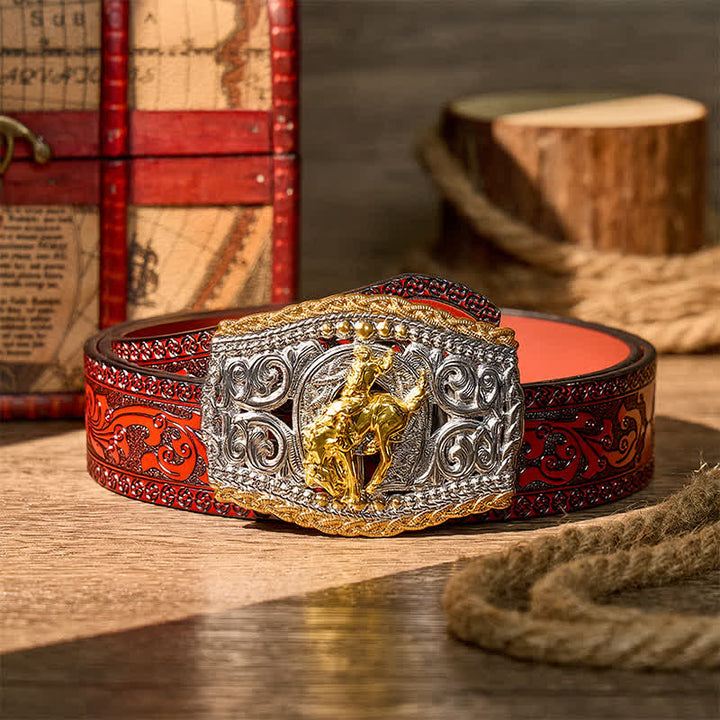 Cintura in pelle bicolore con fibbia fai-da-te a tema cowboy, cavaliere di cavalli selvaggi e cavallo selvaggio. - Cavaliere del Bronco - Cintura intagliata marrone - 42 - image 15