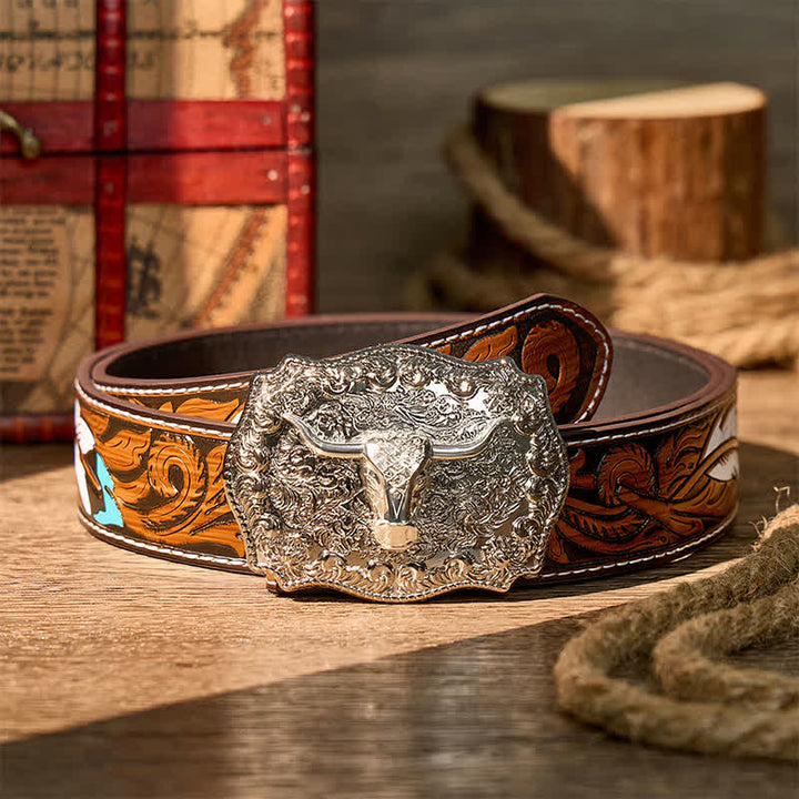 Cintura in pelle con fibbia fai-da-te da cowboy western Longhorn Legacy lucida - Argento - Cintura di piume marroni - 40 - image 16