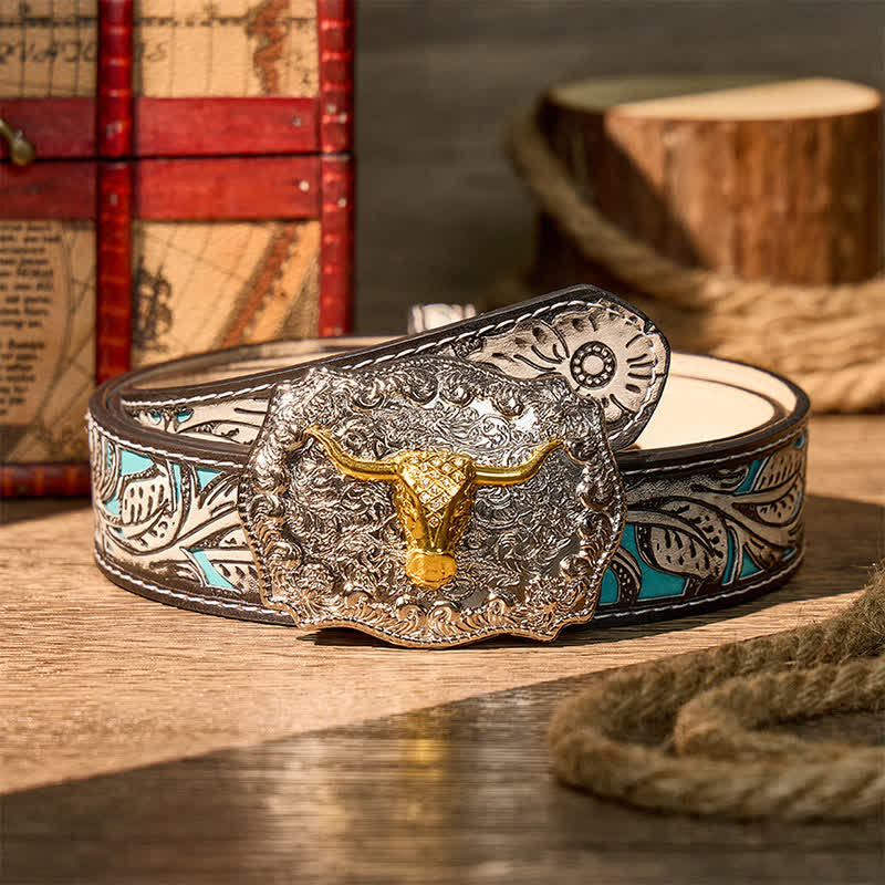 Cintura in pelle con fibbia fai-da-te da cowboy western Longhorn Legacy lucida - Oro - Cintura grigia a fiori - 42 - image 8