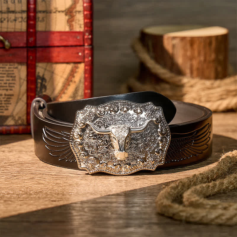 Cintura in pelle con fibbia fai-da-te da cowboy western Longhorn Legacy lucida - Argento - Cintura nera con aquila in rilievo - 42 - image 11