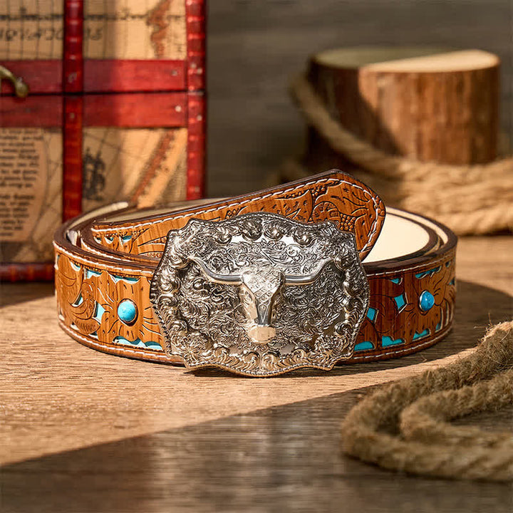 Cintura in pelle con fibbia fai-da-te da cowboy western Longhorn Legacy lucida - Argento - Cintura turchese intagliata - 42 - image 12