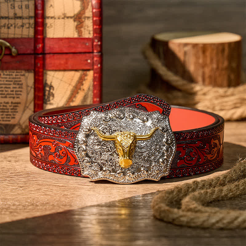 Cintura in pelle con fibbia fai-da-te da cowboy western Longhorn Legacy lucida - Oro - Cintura intagliata marrone - 42 - image 6