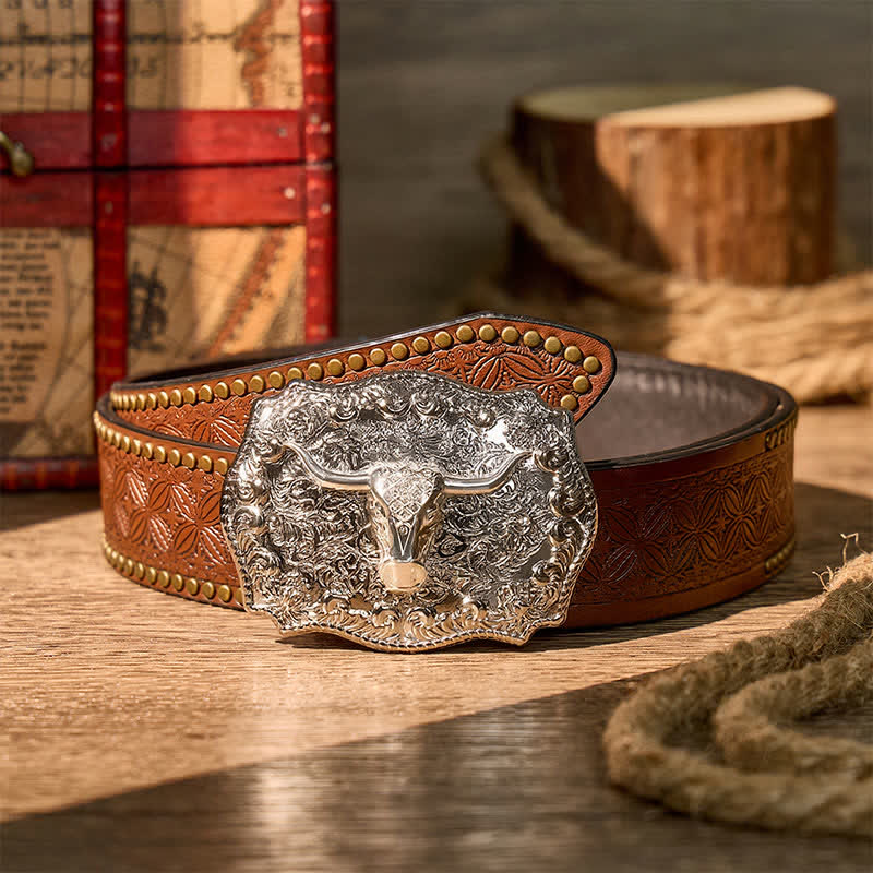 Cintura in pelle con fibbia fai-da-te da cowboy western Longhorn Legacy lucida - Argento - Cintura con rivetti marroni - 42 - image 13