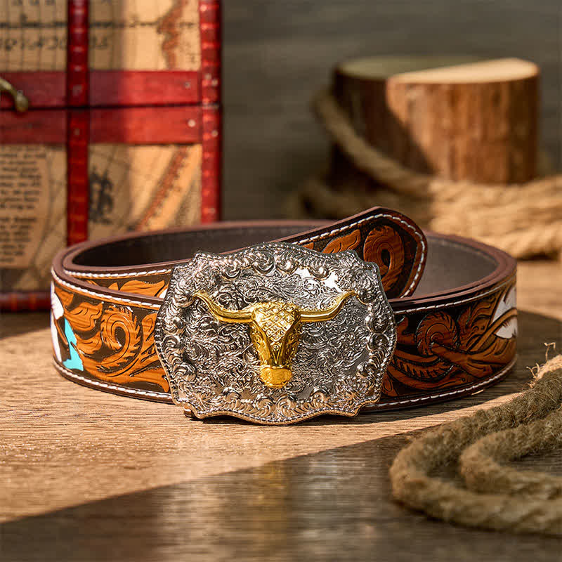 Cintura in pelle con fibbia fai-da-te da cowboy western Longhorn Legacy lucida - Oro - Cintura di piume marroni - 40 - image 7