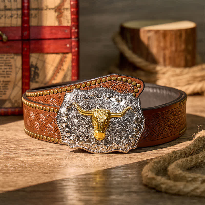 Cintura in pelle con fibbia fai-da-te da cowboy western Longhorn Legacy lucida - Oro - Cintura con rivetti marroni - 42 - image 4