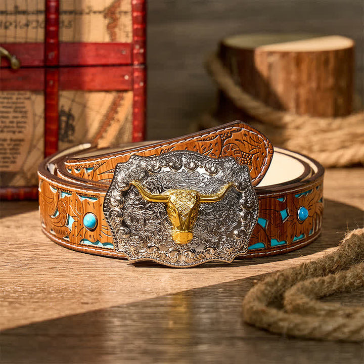 Cintura in pelle con fibbia fai-da-te da cowboy western Longhorn Legacy lucida - Oro - Cintura turchese intagliata - 42 - image 3