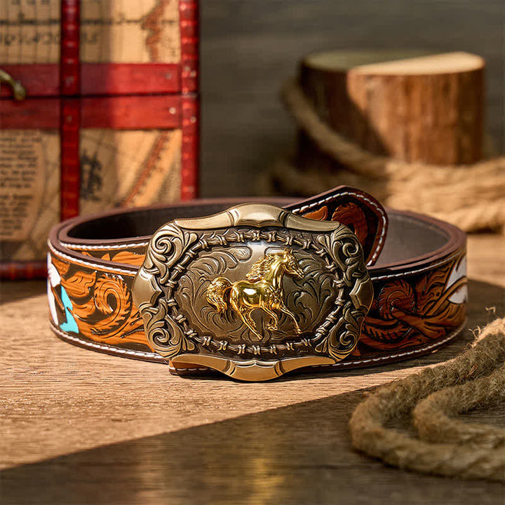 Cintura in pelle fai da te con fibbia da cowboy/rodeo/cavallo, nata per correre, cowboy, rodeo, cavallo - Bronzo - Cintura di piume marroni - 40 - image 7