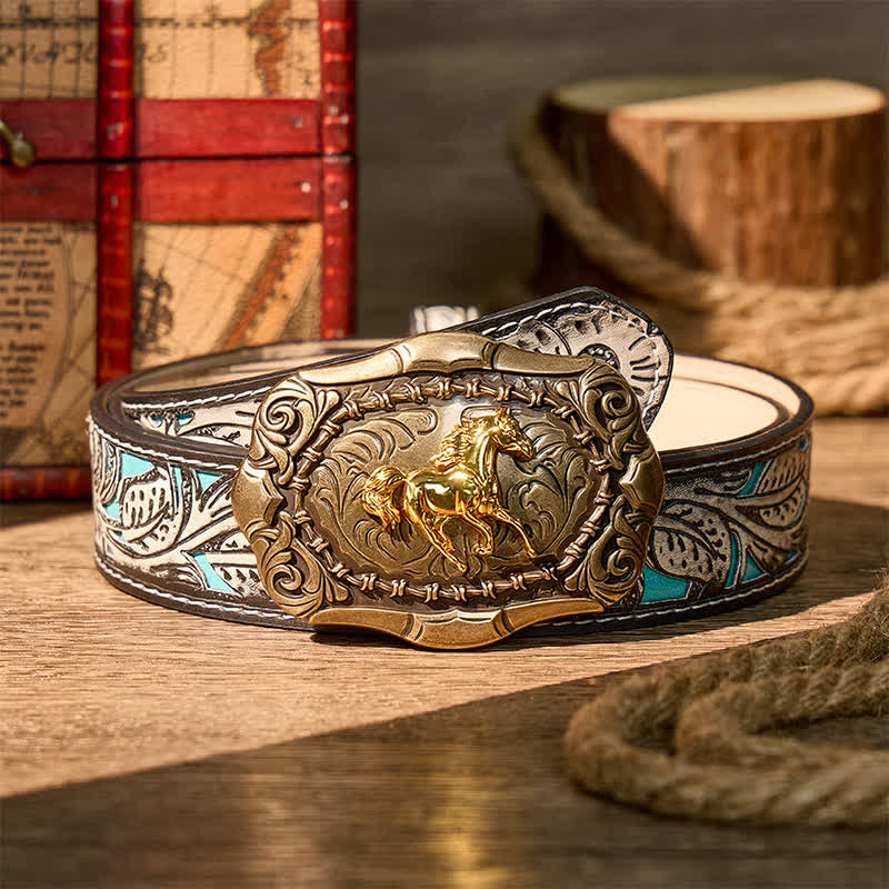 Cintura in pelle fai da te con fibbia da cowboy/rodeo/cavallo, nata per correre, cowboy, rodeo, cavallo - Bronzo - Cintura grigia a fiori - 42 - image 8