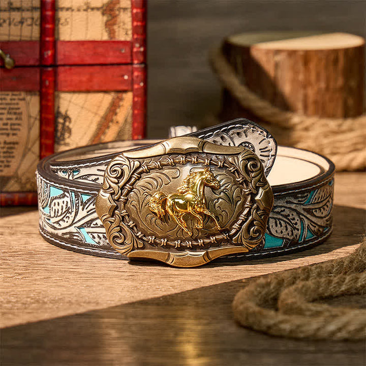 Cintura in pelle fai da te con fibbia da cowboy/rodeo/cavallo, nata per correre, cowboy, rodeo, cavallo - Bronzo - Cintura grigia a fiori - 42 - image 8