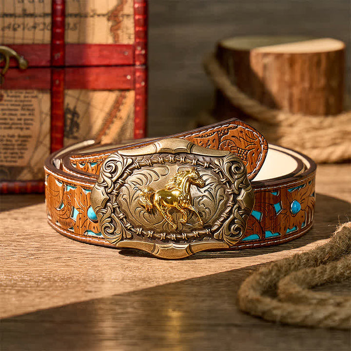 Cintura in pelle fai da te con fibbia da cowboy/rodeo/cavallo, nata per correre, cowboy, rodeo, cavallo - Bronzo - Cintura turchese intagliata - 42 - image 3