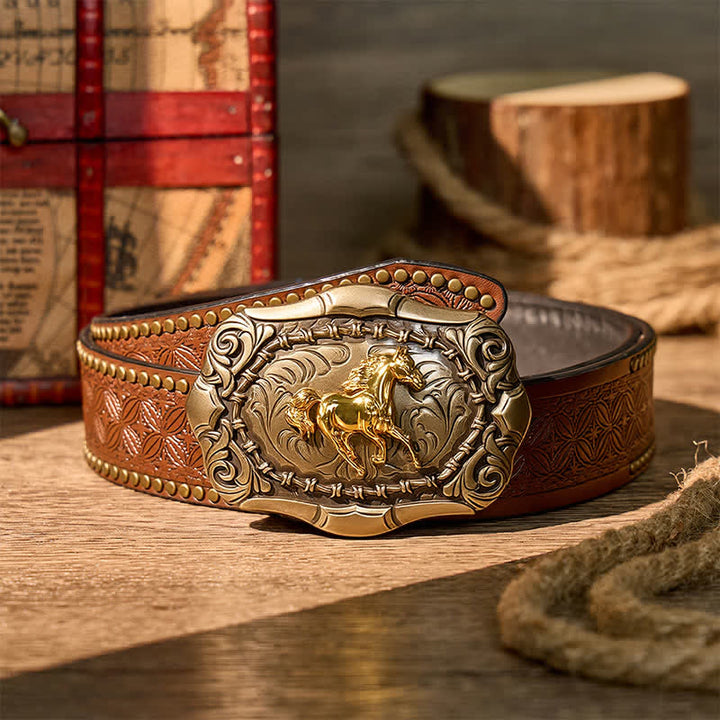 Cintura in pelle fai da te con fibbia da cowboy/rodeo/cavallo, nata per correre, cowboy, rodeo, cavallo - Bronzo - Cintura con rivetti marroni - 42 - image 4