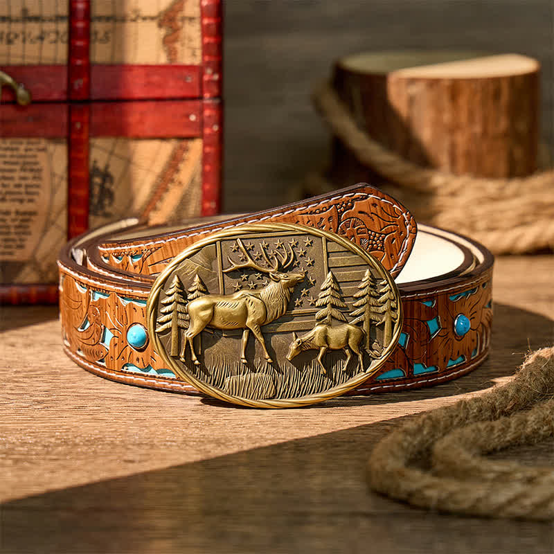 Cintura in pelle fai-da-te con fibbia a forma di alce e bandiera americana, tema patriottico e fauna selvatica. - Bronzo - Cintura turchese intagliata - 42 - image 3