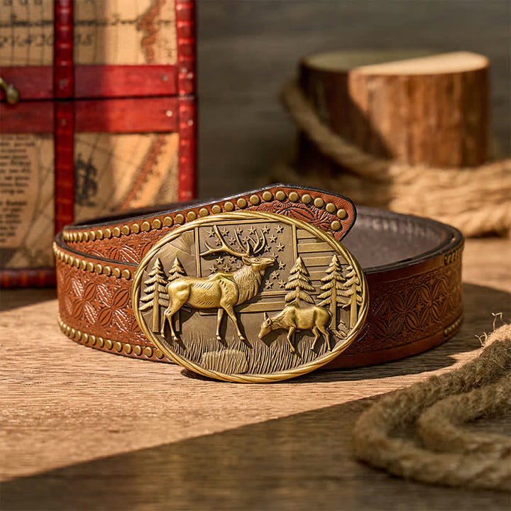 Cintura in pelle fai-da-te con fibbia a forma di alce e bandiera americana, tema patriottico e fauna selvatica. - Bronzo - Cintura con rivetti marroni - 42 - image 4