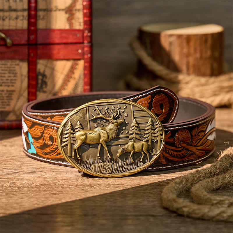 Cintura in pelle fai-da-te con fibbia a forma di alce e bandiera americana, tema patriottico e fauna selvatica. - Bronzo - Cintura di piume marroni - 40 - image 7