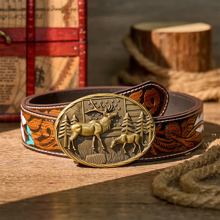 Cintura in pelle fai-da-te con fibbia a forma di alce e bandiera americana, tema patriottico e fauna selvatica. - Bronzo - Cintura di piume marroni - 40 - image 7