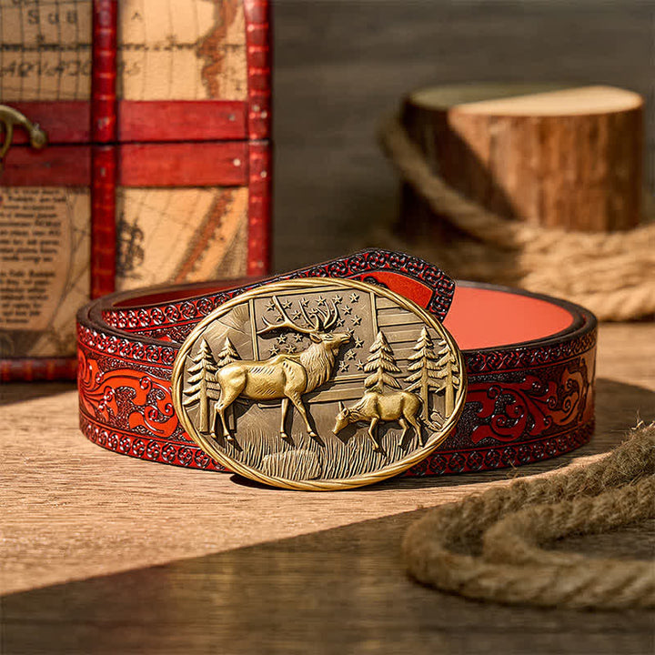 Cintura in pelle fai-da-te con fibbia a forma di alce e bandiera americana, tema patriottico e fauna selvatica. - Bronzo - Cintura intagliata marrone - 42 - image 6
