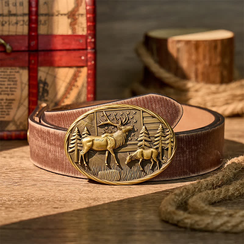 Cintura in pelle fai-da-te con fibbia a forma di alce e bandiera americana, tema patriottico e fauna selvatica. - Bronzo - Cintura marrone effetto invecchiato - 42 - image 5