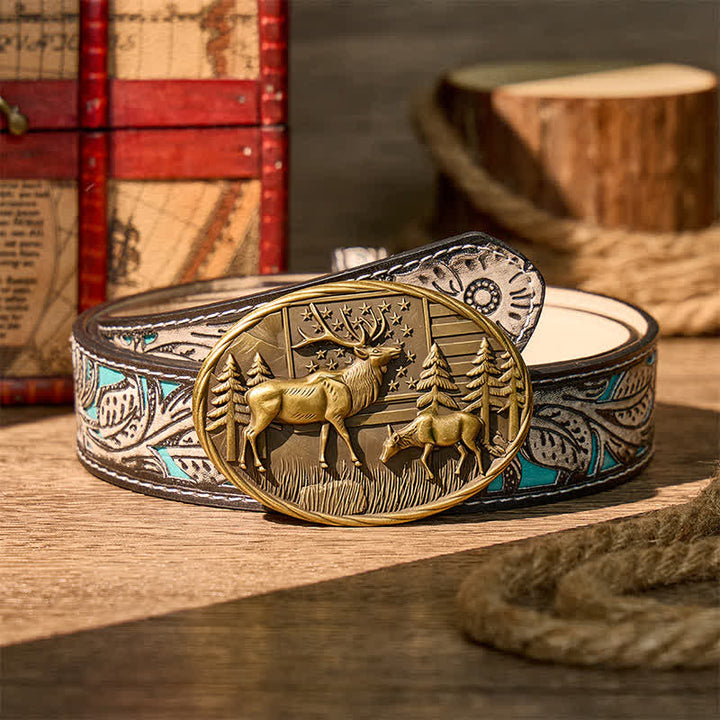Cintura in pelle fai-da-te con fibbia a forma di alce e bandiera americana, tema patriottico e fauna selvatica. - Bronzo - Cintura grigia a fiori - 42 - image 8