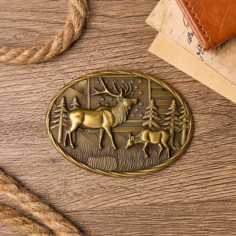 Cintura in pelle fai-da-te con fibbia a forma di alce e bandiera americana, tema patriottico e fauna selvatica. - image 1