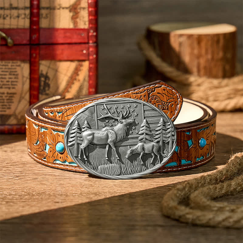 Cintura in pelle fai-da-te con fibbia a forma di alce e bandiera americana, tema patriottico e fauna selvatica. - Argento - Cintura turchese intagliata - 42 - image 11