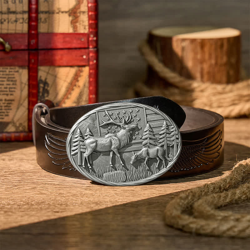 Cintura in pelle fai-da-te con fibbia a forma di alce e bandiera americana, tema patriottico e fauna selvatica. - Argento - Cintura nera con aquila in rilievo - 42 - image 10