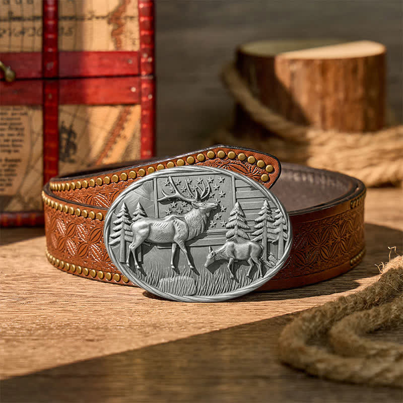 Cintura in pelle fai-da-te con fibbia a forma di alce e bandiera americana, tema patriottico e fauna selvatica. - Argento - Cintura con rivetti marroni - 42 - image 12