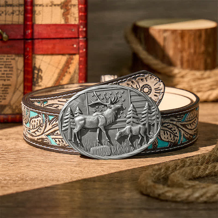 Cintura in pelle fai-da-te con fibbia a forma di alce e bandiera americana, tema patriottico e fauna selvatica. - Argento - Cintura grigia a fiori - 42 - image 16