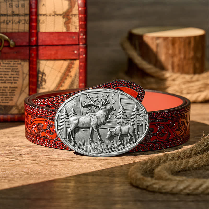Cintura in pelle fai-da-te con fibbia a forma di alce e bandiera americana, tema patriottico e fauna selvatica. - Argento - Cintura intagliata marrone - 42 - image 14