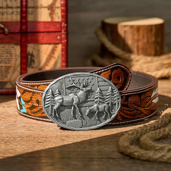 Cintura in pelle fai-da-te con fibbia a forma di alce e bandiera americana, tema patriottico e fauna selvatica. - Argento - Cintura di piume marroni - 40 - image 15