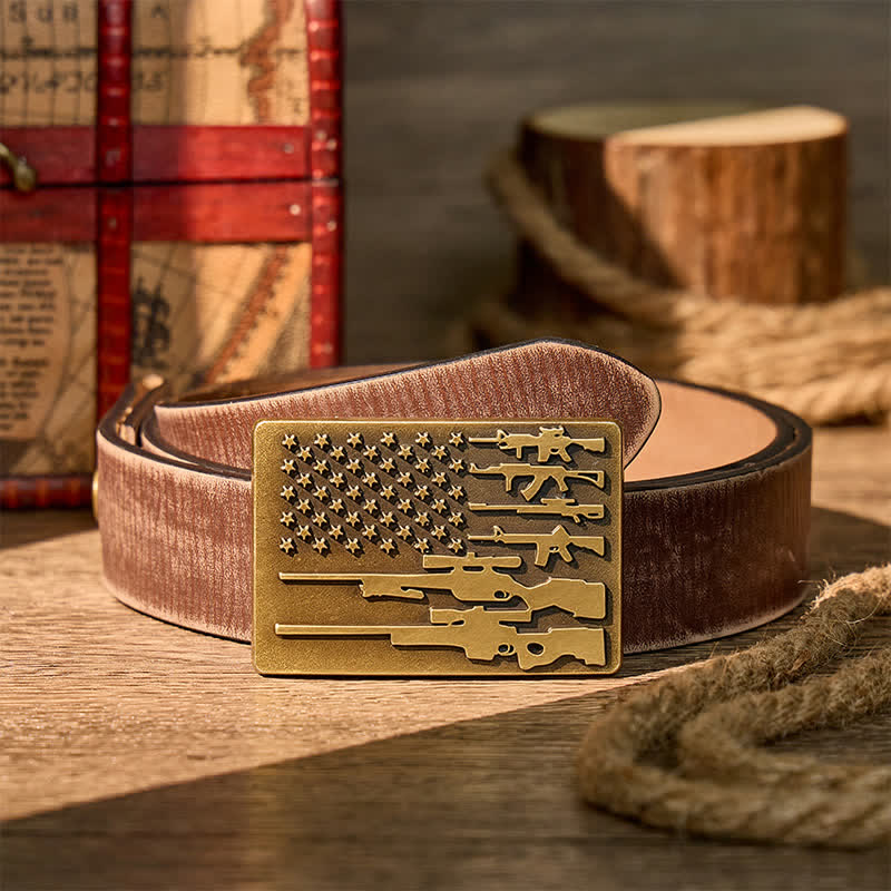 Cintura in pelle con fibbia da tiro da cowboy fai-da-te con bandiera del patriota e fucile. - Bronzo - Cintura marrone effetto invecchiato - 42 - image 5