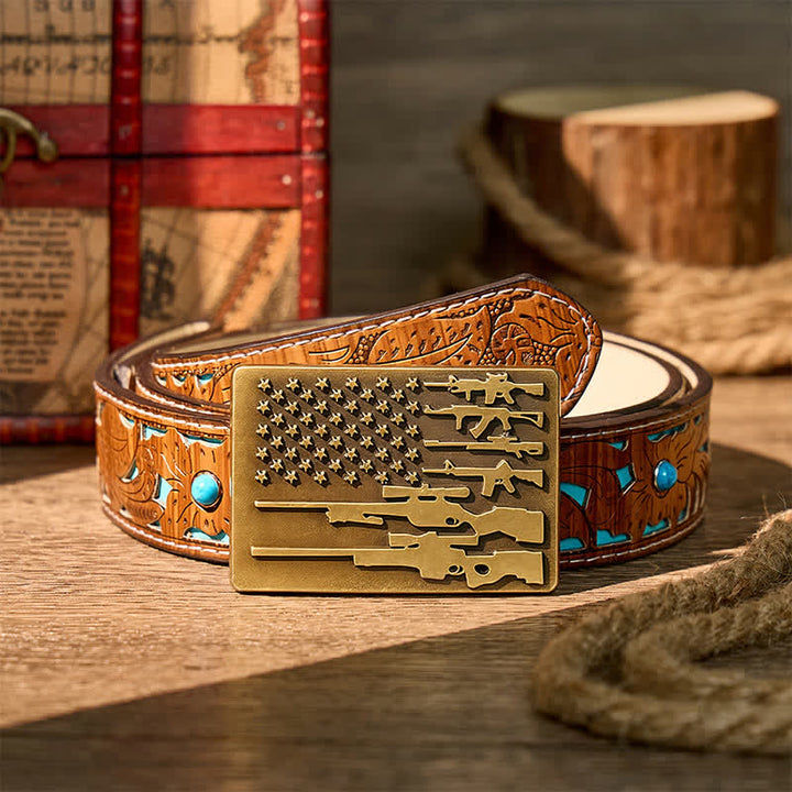 Cintura in pelle con fibbia da tiro da cowboy fai-da-te con bandiera del patriota e fucile. - Bronzo - Cintura turchese intagliata - 42 - image 3