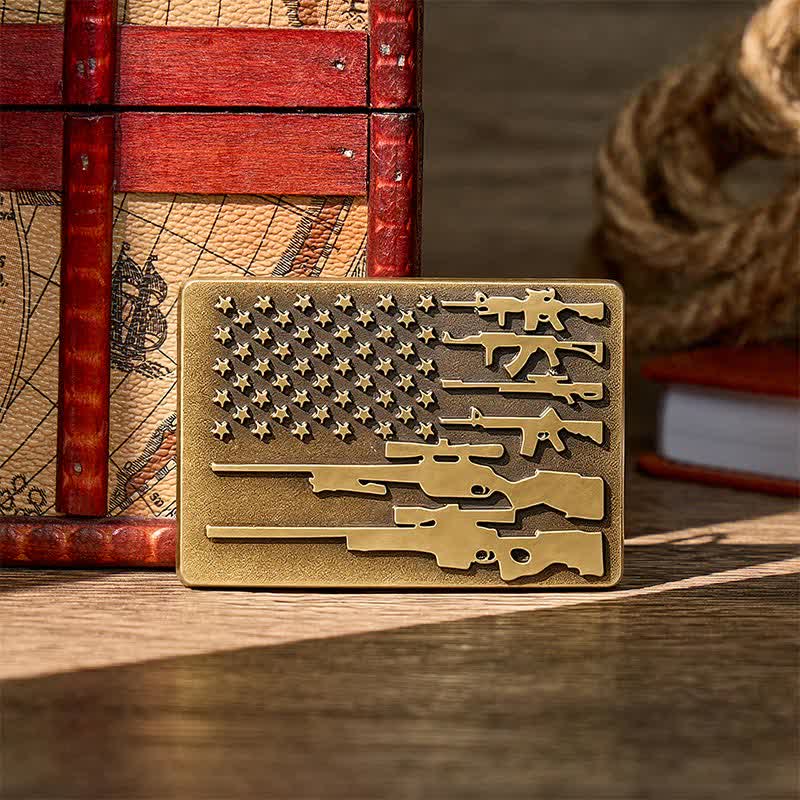 Cintura in pelle con fibbia da tiro da cowboy fai-da-te con bandiera del patriota e fucile. - Bronzo - Senza cintura - Cintura non inclusa - image 0