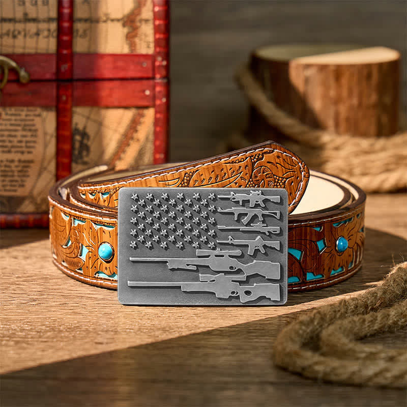 Cintura in pelle con fibbia da tiro da cowboy fai-da-te con bandiera del patriota e fucile. - Argento - Cintura turchese intagliata - 42 - image 11