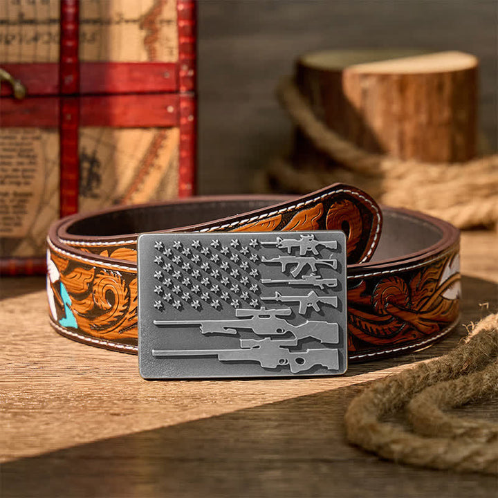 Cintura in pelle con fibbia da tiro da cowboy fai-da-te con bandiera del patriota e fucile. - Argento - Cintura di piume marroni - 40 - image 15