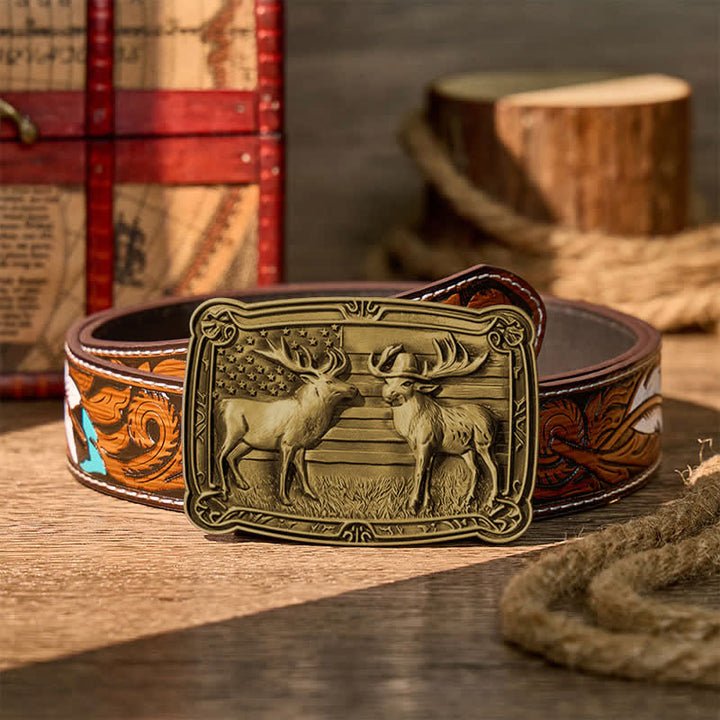 Cintura in pelle con fibbia fai-da-te, due alci e tema patriottico "Duelf Western" in stile western. - Bronzo - Cintura di piume marroni - 40 - image 15
