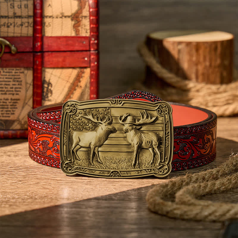 Cintura in pelle con fibbia fai-da-te, due alci e tema patriottico "Duelf Western" in stile western. - Bronzo - Cintura intagliata marrone - 42 - image 14