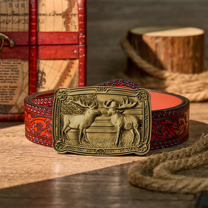 Cintura in pelle con fibbia fai-da-te, due alci e tema patriottico "Duelf Western" in stile western. - Bronzo - Cintura intagliata marrone - 42 - image 14