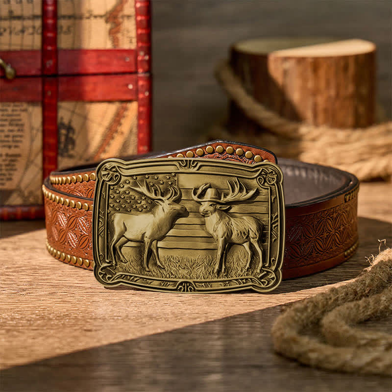 Cintura in pelle con fibbia fai-da-te, due alci e tema patriottico "Duelf Western" in stile western. - Bronzo - Cintura con rivetti marroni - 42 - image 12