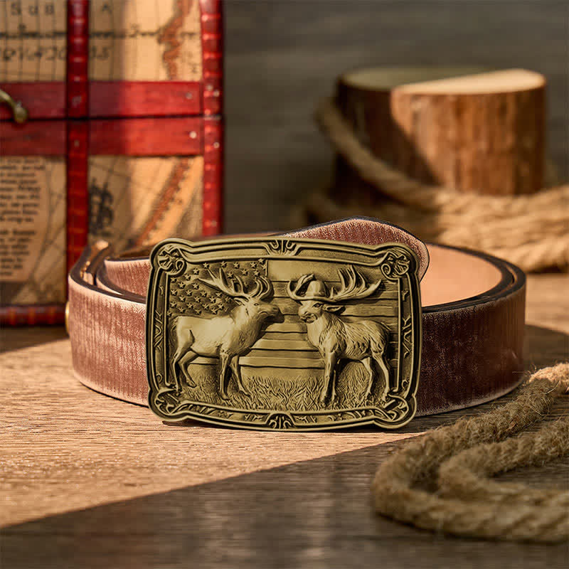 Cintura in pelle con fibbia fai-da-te, due alci e tema patriottico "Duelf Western" in stile western. - Bronzo - Cintura marrone effetto invecchiato - 42 - image 13