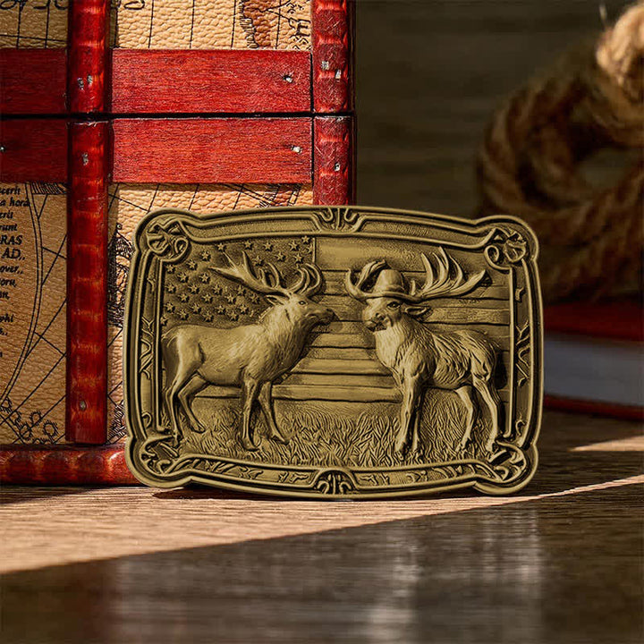 Cintura in pelle con fibbia fai-da-te, due alci e tema patriottico "Duelf Western" in stile western. - Bronzo - Senza cintura - Cintura non inclusa - image 9