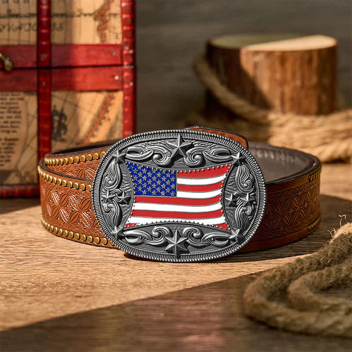 Cintura in pelle fai da te con fibbia patriottica a forma di bandiera americana smaltata. - Argento - Cintura con rivetti marroni - 42 - image 12