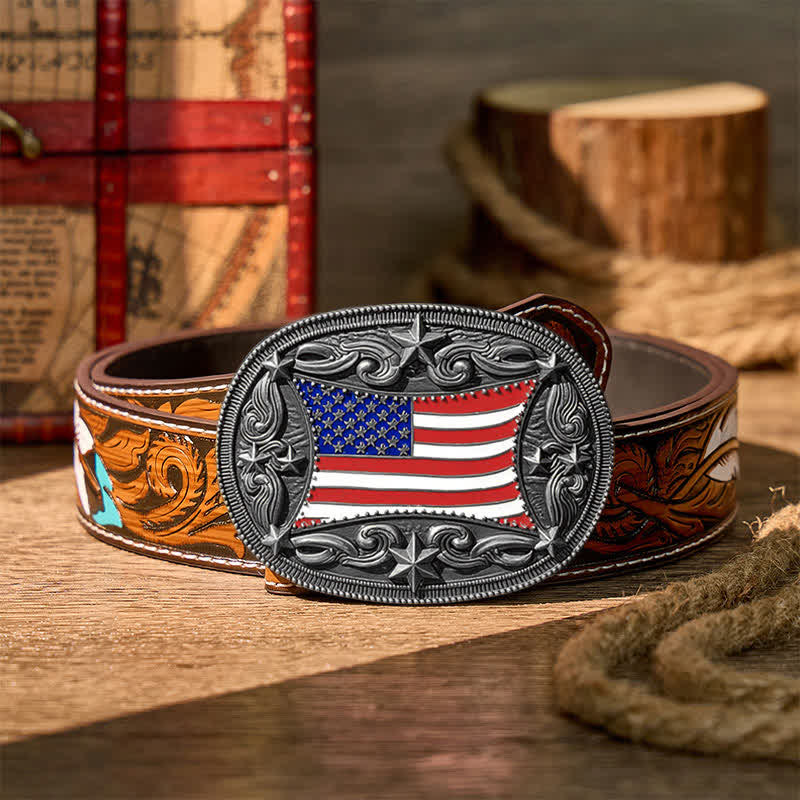 Cintura in pelle fai da te con fibbia patriottica a forma di bandiera americana smaltata. - Argento - Cintura di piume marroni - 40 - image 15