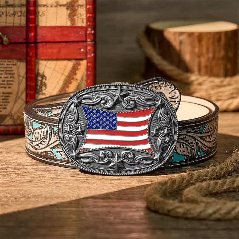 Cintura in pelle fai da te con fibbia patriottica a forma di bandiera americana smaltata. - Argento - Cintura grigia a fiori - 42 - image 16