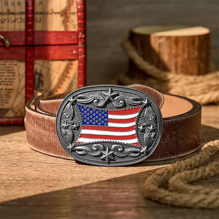 Cintura in pelle fai da te con fibbia patriottica a forma di bandiera americana smaltata. - Argento - Cintura marrone effetto invecchiato - 42 - image 13