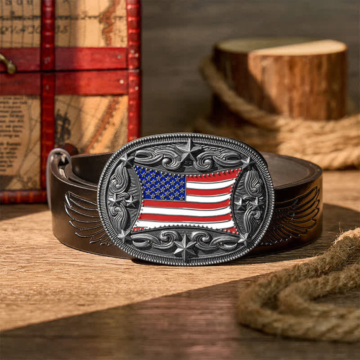 Cintura in pelle fai da te con fibbia patriottica a forma di bandiera americana smaltata. - Argento - Cintura nera con aquila in rilievo - 42 - image 10