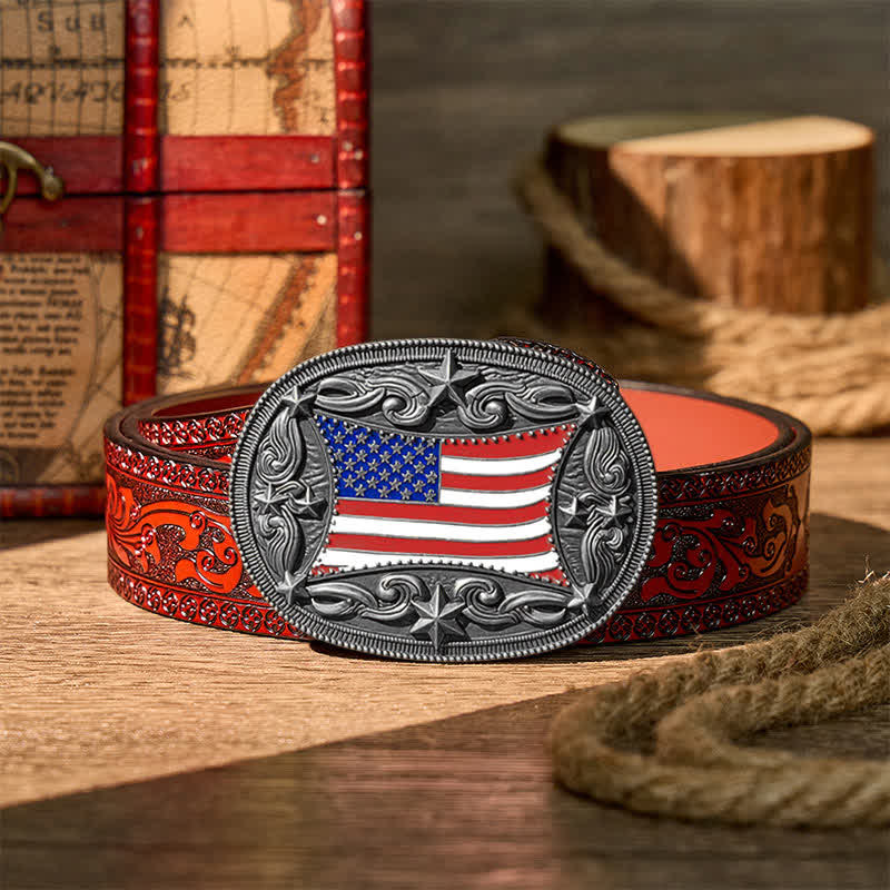 Cintura in pelle fai da te con fibbia patriottica a forma di bandiera americana smaltata. - Argento - Cintura intagliata marrone - 42 - image 14