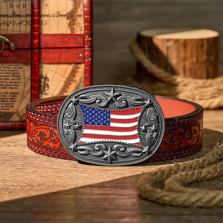 Cintura in pelle fai da te con fibbia patriottica a forma di bandiera americana smaltata. - Argento - Cintura intagliata marrone - 42 - image 14