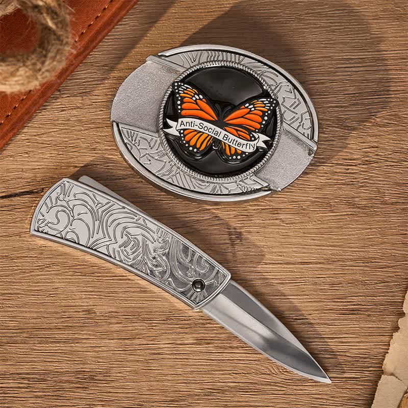Cintura in pelle con fibbia a coltello pieghevole nascosto fai-da-te a forma di farfalla antisociale - image 1