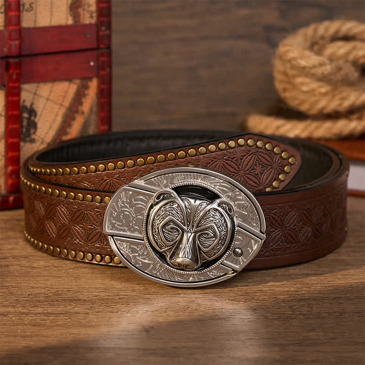 Cintura in pelle con fibbia a coltello pieghevole nascosto fai-da-te a forma di testa d'orso guardiano tribale in argento. - Orso - Cintura con rivetti marroni - 42 - image 5