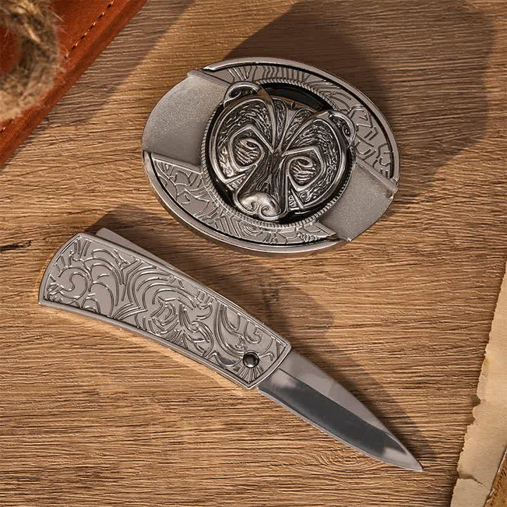 Cintura in pelle con fibbia a coltello pieghevole nascosto fai-da-te a forma di testa d'orso guardiano tribale in argento. - image 1